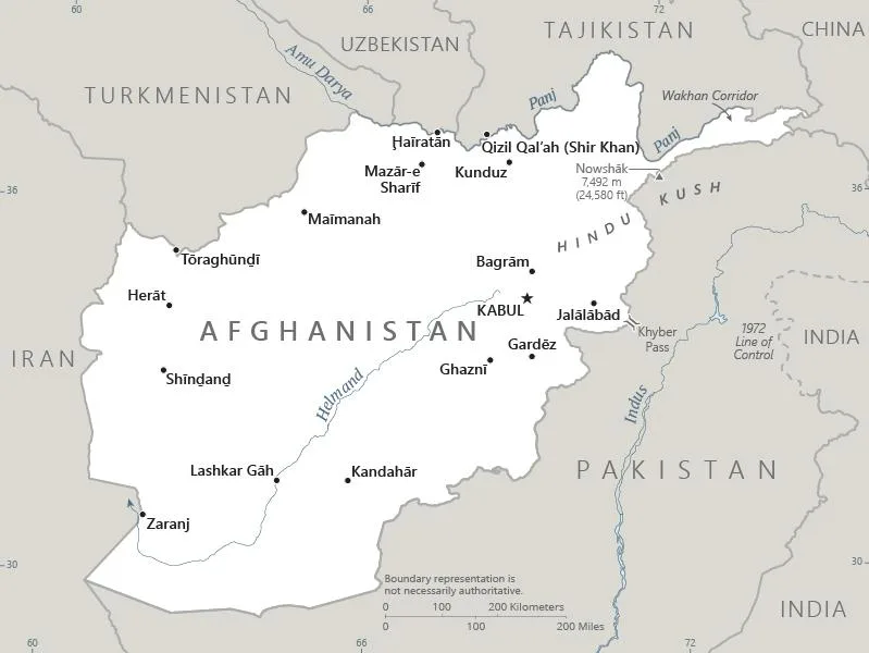 CIA World Factbook map of Afghanistan, showing major cities, rivers and neighbouring countries