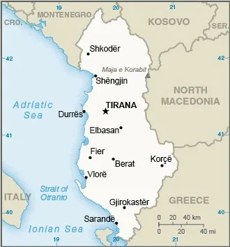CIA World Factbook map of Albania, showing major cities, rivers and neighbouring countries