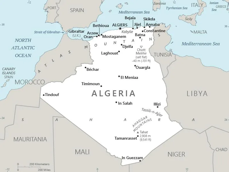 CIA World Factbook map of Algeria, showing major cities, rivers and neighbouring countries