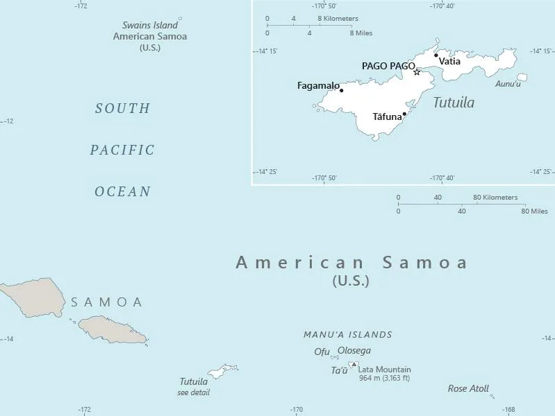 CIA World Factbook map of American Samoa, showing major cities, rivers and neighbouring countries
