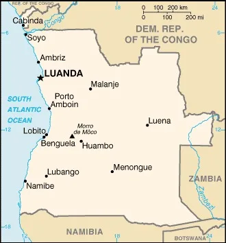 CIA World Factbook map of Angola, showing major cities, rivers and neighbouring countries