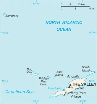 CIA World Factbook map of Anguilla, showing major cities, rivers and neighbouring countries