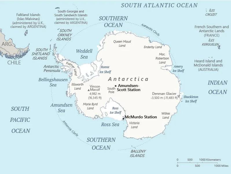 CIA World Factbook map of Antarctica, showing major cities, rivers and neighbouring countries