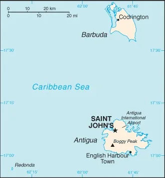 CIA World Factbook map of Antigua and Barbuda, showing major cities, rivers and neighbouring countries