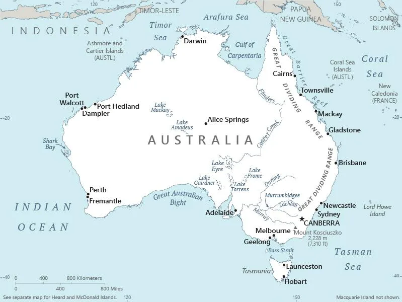 CIA World Factbook map of Australia, showing major cities, rivers and neighbouring countries