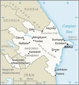 CIA World Factbook map of Azerbaijan, showing major cities, rivers and neighbouring countries