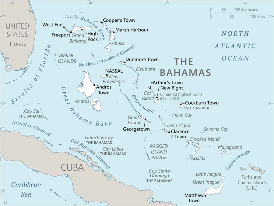 CIA World Factbook map of Bahamas, showing major cities, rivers and neighbouring countries