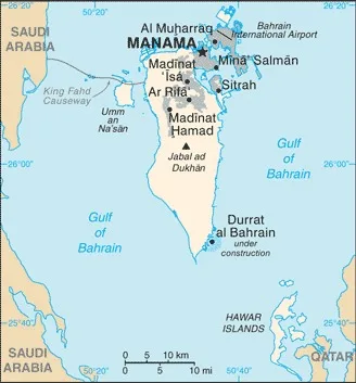 CIA World Factbook map of Bahrain, showing major cities, rivers and neighbouring countries