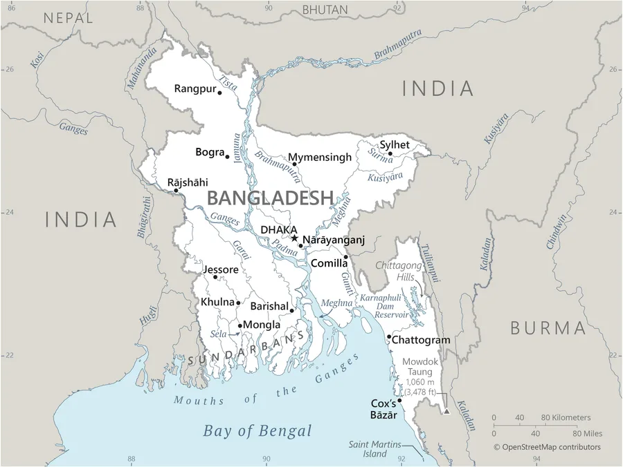 CIA World Factbook map of Bangladesh, showing major cities, rivers and neighbouring countries