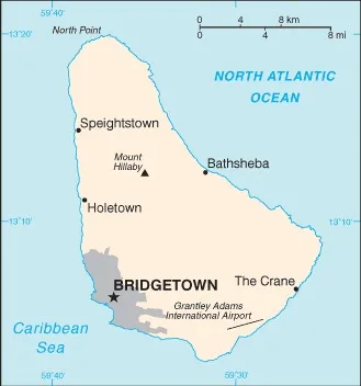 CIA World Factbook map of Barbados, showing major cities, rivers and neighbouring countries