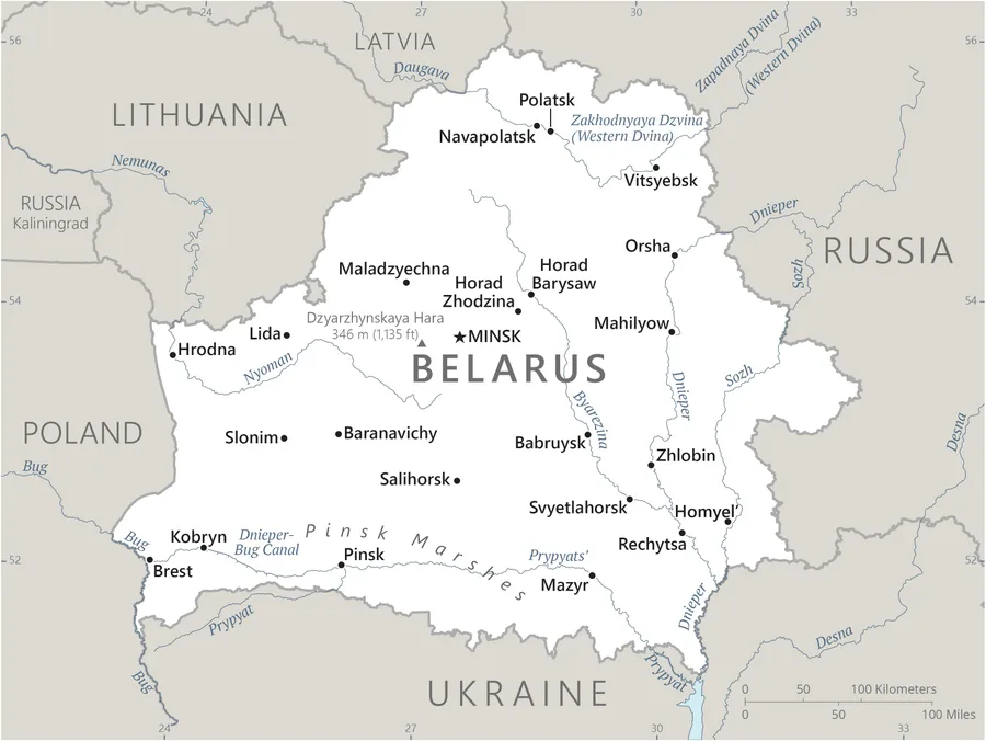 CIA World Factbook map of Belarus, showing major cities, rivers and neighbouring countries