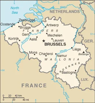 CIA World Factbook map of Belgium, showing major cities, rivers and neighbouring countries
