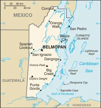 CIA World Factbook map of Belize, showing major cities, rivers and neighbouring countries