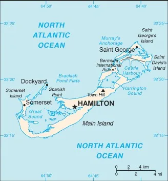 CIA World Factbook map of Bermuda, showing major cities, rivers and neighbouring countries