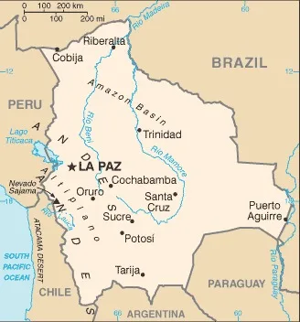 CIA World Factbook map of Bolivia, showing major cities, rivers and neighbouring countries