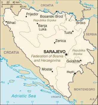 CIA World Factbook map of Bosnia and Herzegovina, showing major cities, rivers and neighbouring countries