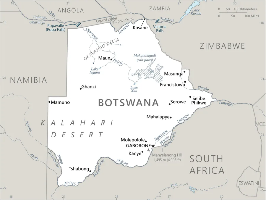 CIA World Factbook map of Botswana, showing major cities, rivers and neighbouring countries