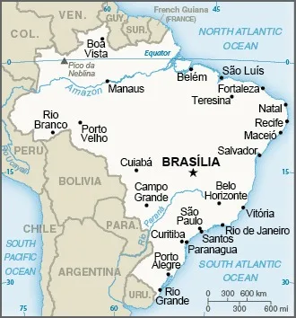 CIA World Factbook map of Brazil, showing major cities, rivers and neighbouring countries