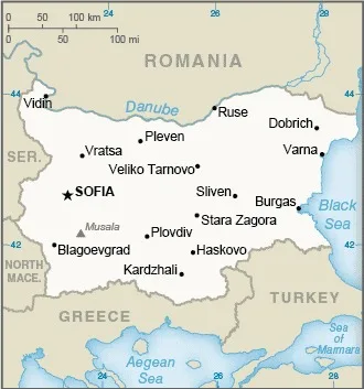 CIA World Factbook map of Bulgaria, showing major cities, rivers and neighbouring countries