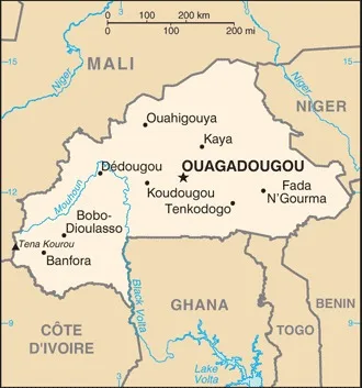 CIA World Factbook map of Burkina Faso, showing major cities, rivers and neighbouring countries