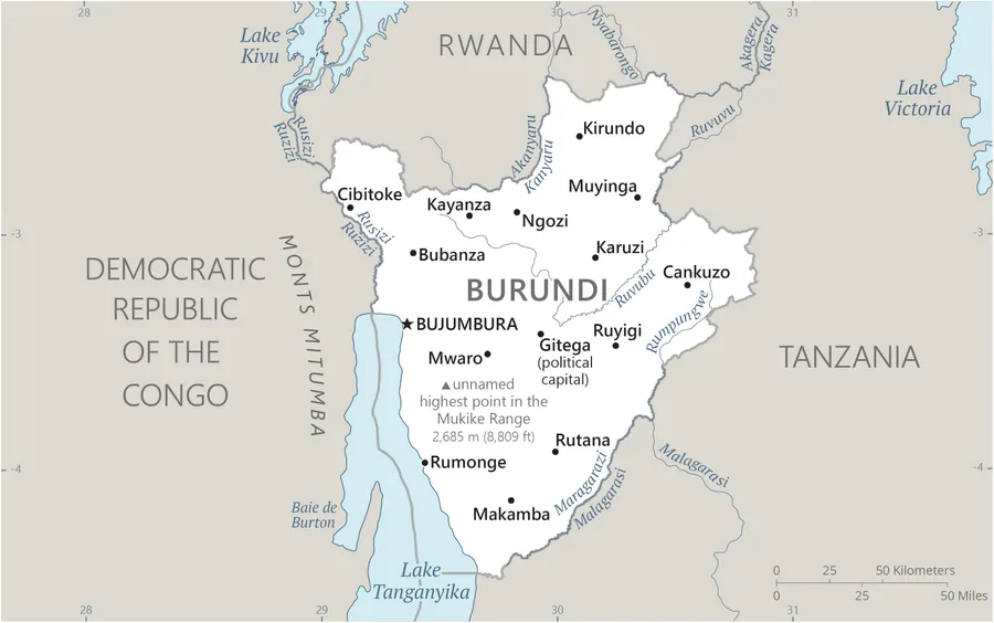 CIA World Factbook map of Burundi, showing major cities, rivers and neighbouring countries