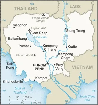 CIA World Factbook map of Cambodia, showing major cities, rivers and neighbouring countries