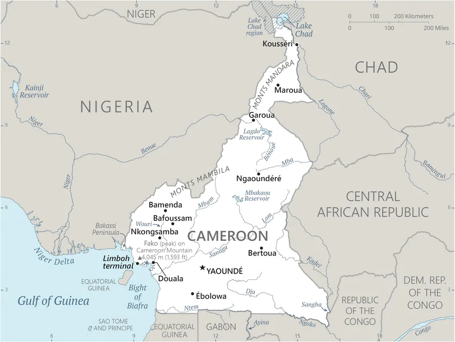 CIA World Factbook map of Cameroon, showing major cities, rivers and neighbouring countries