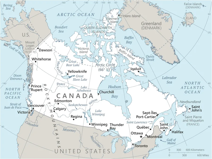 CIA World Factbook map of Canada, showing major cities, rivers and neighbouring countries