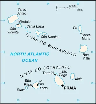 CIA World Factbook map of Cape Verde, showing major cities, rivers and neighbouring countries