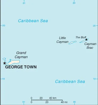 CIA World Factbook map of Cayman Islands, showing major cities, rivers and neighbouring countries