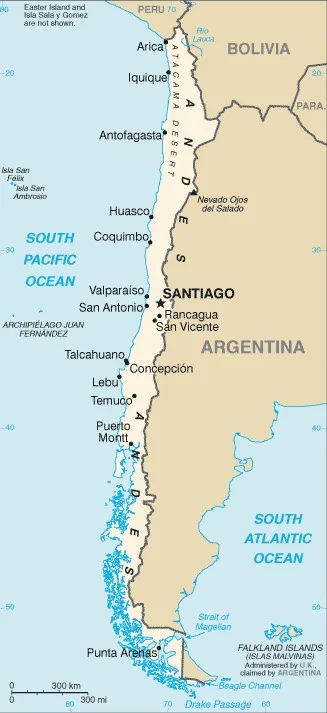 CIA World Factbook map of Chile, showing major cities, rivers and neighbouring countries