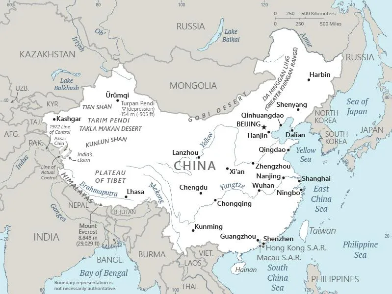 CIA World Factbook map of China, showing major cities, rivers and neighbouring countries