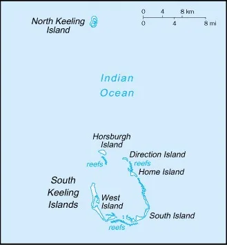 CIA World Factbook map of Cocos (Keeling) Islands, showing major cities, rivers and neighbouring countries
