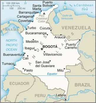 CIA World Factbook map of Colombia, showing major cities, rivers and neighbouring countries