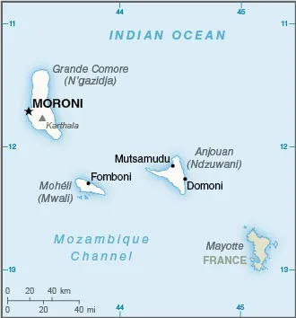 CIA World Factbook map of Comoros, showing major cities, rivers and neighbouring countries