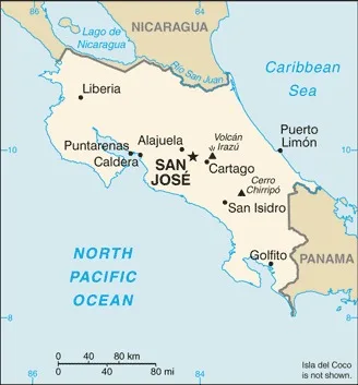 CIA World Factbook map of Costa Rica, showing major cities, rivers and neighbouring countries
