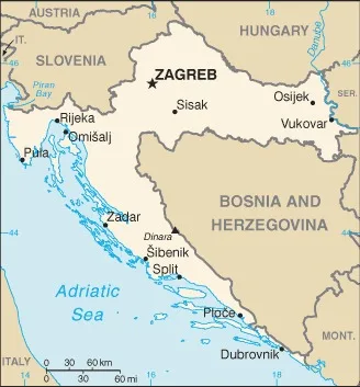 CIA World Factbook map of Croatia, showing major cities, rivers and neighbouring countries