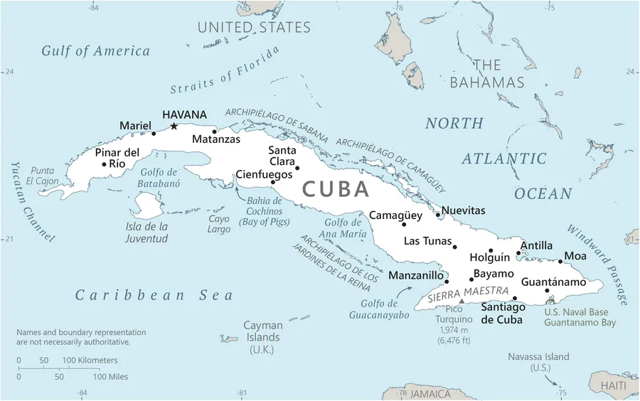 CIA World Factbook map of Cuba, showing major cities, rivers and neighbouring countries