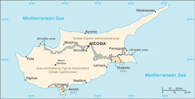 CIA World Factbook map of Cyprus, showing major cities, rivers and neighbouring countries