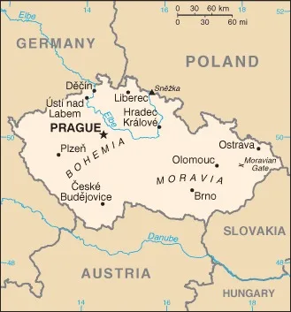 CIA World Factbook map of Czechia (Czech Republic), showing major cities, rivers and neighbouring countries