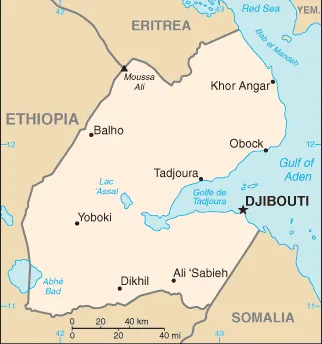CIA World Factbook map of Djibouti, showing major cities, rivers and neighbouring countries
