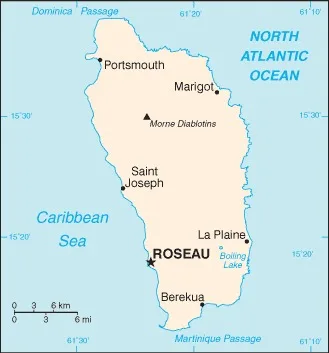 CIA World Factbook map of Dominica, showing major cities, rivers and neighbouring countries