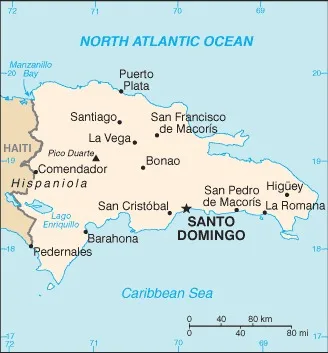 CIA World Factbook map of Dominican Republic, showing major cities, rivers and neighbouring countries