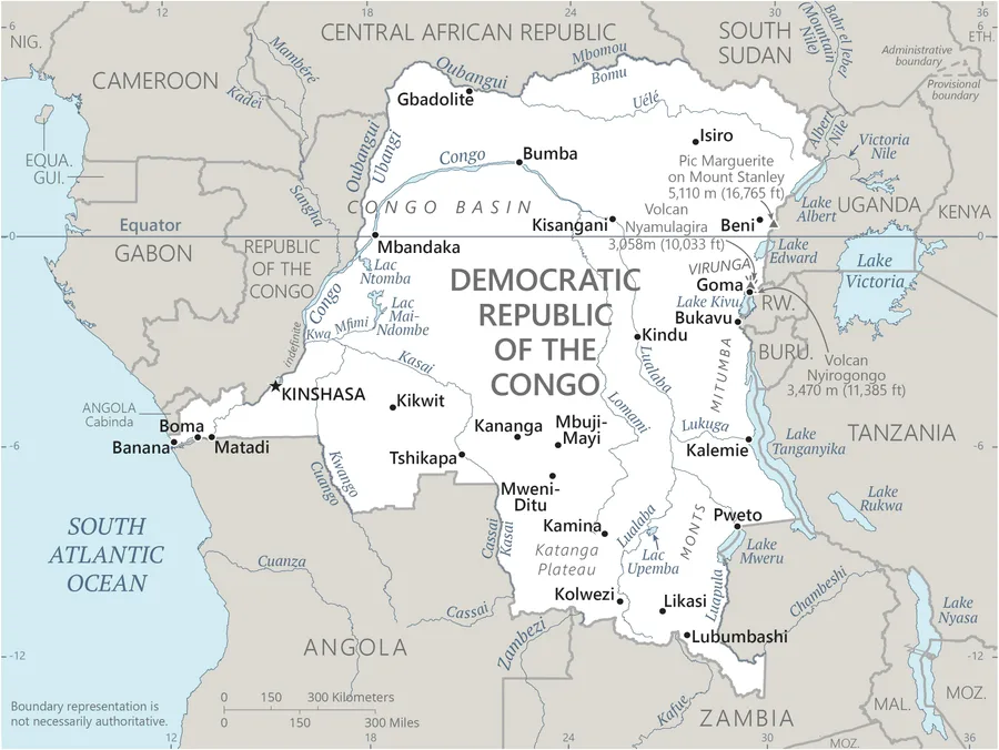 CIA World Factbook map of DR Congo, showing major cities, rivers and neighbouring countries