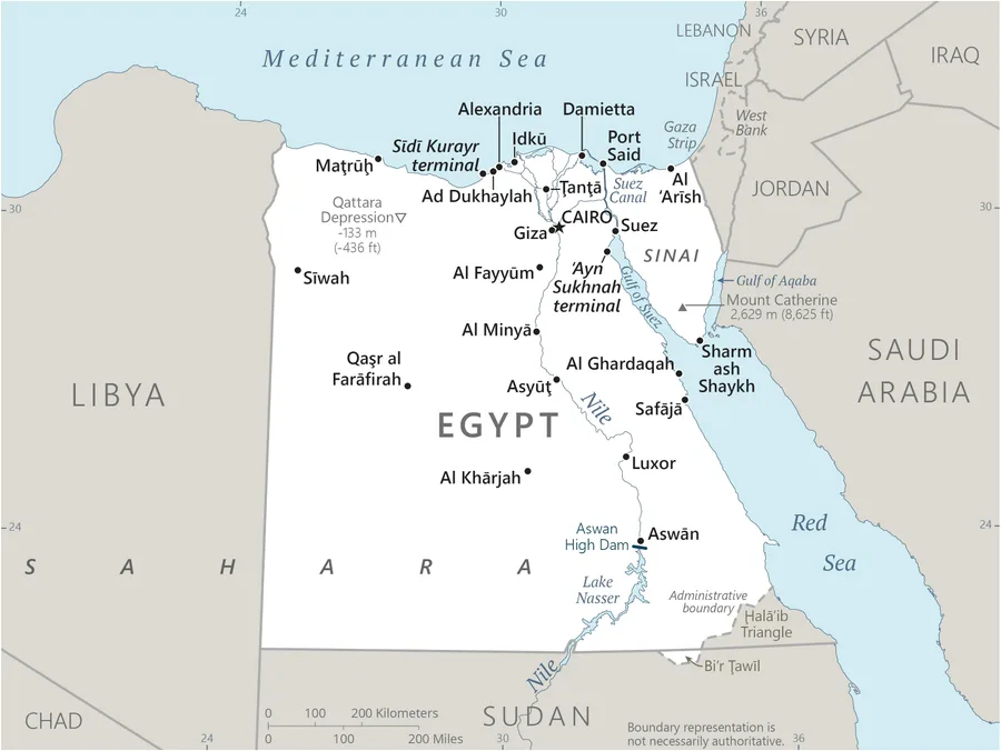 CIA World Factbook map of Egypt, showing major cities, rivers and neighbouring countries