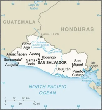 CIA World Factbook map of El Salvador, showing major cities, rivers and neighbouring countries