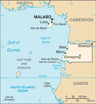 CIA World Factbook map of Equatorial Guinea, showing major cities, rivers and neighbouring countries