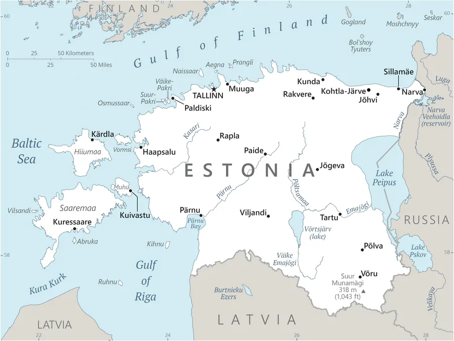 CIA World Factbook map of Estonia, showing major cities, rivers and neighbouring countries