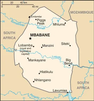 CIA World Factbook map of Eswatini, showing major cities, rivers and neighbouring countries