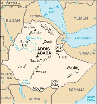 CIA World Factbook map of Ethiopia, showing major cities, rivers and neighbouring countries